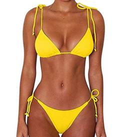 CheChury Damen Einfarbig Bandage Bikini Set Badeanzug Mit Triangle Bikinihose Brasilianische Badebekleidung Zweiteilig Push Up Bademode Swimsuit,Gelb,S von CheChury
