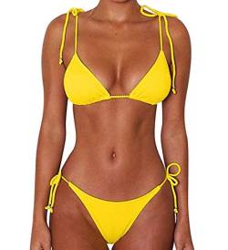 CheChury Damen Einfarbig Bandage Bikini Set Badeanzug Mit Triangle Bikinihose Brasilianische Badebekleidung Zweiteilig Push Up Bademode Swimsuit,Gelb,XL von CheChury