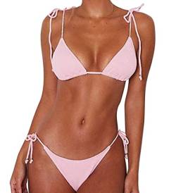 CheChury Damen Einfarbig Bandage Bikini Set Badeanzug Mit Triangle Bikinihose Brasilianische Badebekleidung Zweiteilig Push Up Bademode Swimsuit,Rosa,L von CheChury