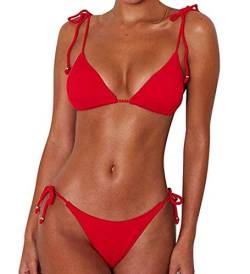 CheChury Damen Einfarbig Bandage Bikini Set Badeanzug Mit Triangle Bikinihose Brasilianische Badebekleidung Zweiteilig Push Up Bademode Swimsuit,Rot,L von CheChury