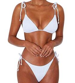 CheChury Damen Einfarbig Bandage Bikini Set Badeanzug Mit Triangle Bikinihose Brasilianische Badebekleidung Zweiteilig Push Up Bademode Swimsuit,Weiß,L von CheChury