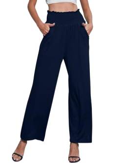 CheChury Damen Einfarbig Lose Gerade Geschnitten Palazzo Hose Hohe Taille Dehnbar Lounge Hose mit Taschen Damen Hohe Taille Hose Casual Gürtel Weite Bein Palazzo Hose Leinen Baumwolle Dehnbar Herbst von CheChury