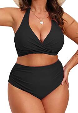 CheChury Damen Große Größen Bikini Set Neckholder Crossover Bikini Bademode V Ausschnitt Bauchweg Raffungen Zweiteiliger Badeanzug Swimsuit mit Schnürung am Rücken von CheChury