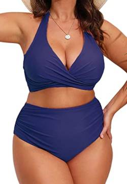 CheChury Damen Große Größen Bikini Set Neckholder Crossover Bikini Bademode V Ausschnitt Bauchweg Raffungen Zweiteiliger Badeanzug Swimsuit mit Schnürung am Rücken von CheChury
