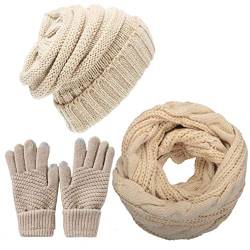 CheChury Damen Kombi Set Schal Mütze Set Loop Schal Gestrickt Beanie Passender Strickmütze Touchscreen-Handschuhe Strick mit Kreis Fleece Geschenkset für Outdoor Ski-Beige-One Size von CheChury