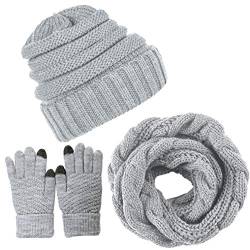 CheChury Damen Kombi Set Schal Mütze Set Loop Schal Gestrickt Beanie Passender Strickmütze Touchscreen-Handschuhe Strick mit Kreis Fleece Geschenkset für Outdoor Ski-Hellgrau-One Size von CheChury