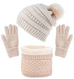 CheChury Damen Kombi Set Schal Mütze Set Loop Schal Gestrickt Beanie Strickmütze Fleece Bommelmütze Pompon Touchscreen-Handschuhe Strick mit Kreis Geschenkset für Frauen,Beige-1 von CheChury