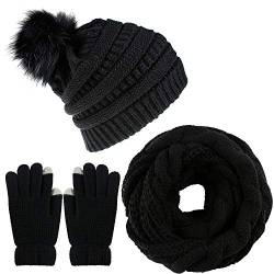 CheChury Damen Kombi Set Schal Mütze Set Loop Schal Gestrickt Beanie Strickmütze Fleece Bommelmütze Pompon Touchscreen-Handschuhe Strick mit Kreis Geschenkset für Frauen,Schwarz von CheChury