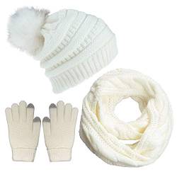 CheChury Damen Kombi Set Schal Mütze Set Loop Schal Gestrickt Beanie Strickmütze Fleece Bommelmütze Pompon Touchscreen-Handschuhe Strick mit Kreis Geschenkset für Frauen,Weiß von CheChury