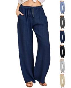 CheChury Damen Leinenhose Weite Sommerhosen Leicht mit Elastischem Bund Casual Loose Fit Trousers Freizeithose mit Taschen Frauen Hosen Hippie Boho Haremshosen von CheChury