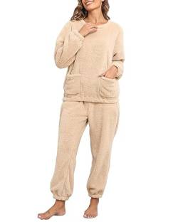 CheChury Damen Pyjama Set Kuschelig Winter Fleece Warm Hausanzug Elegant Süße Plüsch Schlafanzug Flauschig Freizeitanzug Thermo Thermobekleidung Zweiteiler Ensembles Langarm Nachtwäsche von CheChury