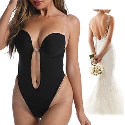 CheChury Damen Shaper BH Rückenfreie Body Shaper BH Tiefen Rückenausschnitt Unsichtbare BHs Push up Rückenfreier Body Shaper BH Abendkleid Bra Transparenten Trägern BH Bodys Thong Bodysuit,Schwarz,XXL von CheChury