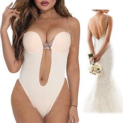 CheChury Damen Shaper BH Rückenfreie Body Shaper BH Tiefen Rückenausschnitt Unsichtbare BHs Push up Rückenfreier Body Shaper BH Abendkleid Bra Transparenten Trägern BH Bodys Thong Bodysuit,Beige,XL von CheChury