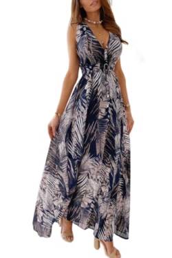 CheChury Damen Sommerkleid Lang Maxikleid Sommer V Ausschnitt Kleid Floral Maxikleider Elegant Freizeitkleider Ärmellos Strandkleid Lang Kleider Partykleid Freizeitkleider Boho Beach Maxi Dress,Blau,S von CheChury