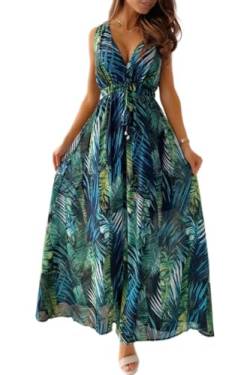 CheChury Damen Sommerkleid Lang Maxikleid Sommer V Ausschnitt Kleid Floral Maxikleider Elegant Freizeitkleider Ärmellos Strandkleid Lang Kleider Partykleid Freizeitkleider Boho Beach Maxi Dress,Grün,S von CheChury