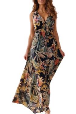 CheChury Damen Sommerkleid Lang Maxikleid Sommer V Ausschnitt Kleid Floral Maxikleider Elegant Freizeitkleider Ärmellos Strandkleid Lang Kleider Partykleid Freizeitkleider Boho Maxi Dress,Schwarz,L von CheChury