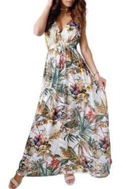 CheChury Damen Sommerkleid Lang Maxikleid Sommer V Ausschnitt Kleid Floral Maxikleider Elegant Freizeitkleider Ärmellos Strandkleid Lang Kleider Partykleid Freizeitkleider Boho Maxi Dress,Weiß,XL von CheChury