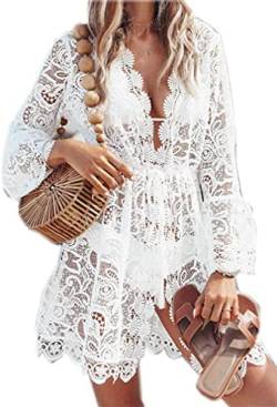 CheChury Damen Spitze Strandkleid V-Ausschnitt Badeanzug Bedecken Sommer Pareos Kimono Cardigan Strandkleid Boho Transparent Strandponcho Tunika Strandurlaub Bikini Cover-Ups,Weiß,M von CheChury