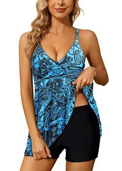 CheChury Damen Tankini Zweiteilig Badeanzug Push up Bademode High Waist Tankini Bauchweg Tankini Set mit Hot Pants Blumenmuster Badeanzug Gepolstert Bikini Sets Sportlich Swimsuit Beachwear,Blau,M von CheChury