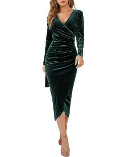 CheChury Damen Winterkleid Elegant Retro Kleider Winter Samtkleid Damen Cocktailkleid V-Ausschnitt Kleid Langarm Festliche Kleider für Hochzeit Vintage Kleid Abendkleider Silvester Kleid,Grün,L von CheChury