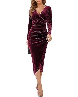 CheChury Damen Winterkleid Elegant Retro Kleider Winter Samtkleid Damen Cocktailkleid V-Ausschnitt Kleid Langarm Festliche Kleider für Hochzeit Vintage Kleid Abendkleider Silvester Kleid,Wein,S von CheChury