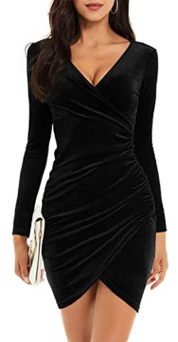 CheChury Damen Winterkleid Festlich Kleid Samtkleid Lange Ärmel Wickelkleid Bodycon Kurzes V Ausschnitt Abendkleid Elegant Ballkleid Eng Cocktailkleid Partykleid Kleider Weihnachtskleid,Schwarz,XXL von CheChury