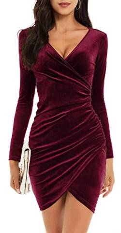 CheChury Damen Winterkleid Festlich Kleid Samtkleid Lange Ärmel Wickelkleid Bodycon Kurzes V Ausschnitt Abendkleid Elegant Ballkleid Eng Cocktailkleid Partykleid Kleider Weihnachtskleid,Weinrot,M von CheChury