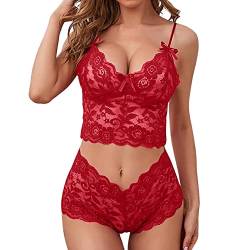 CheChury Dessous-Set Damen Sexy Reizwäsche Damen Negligee Babydoll Nachtwäsche V-Ausschnitt Nachthemd Spitze Lingerie Halfter Nachtkleid G-String Sleepwear Unterwäsche Set Frauen 2 PCS,Rot,XL von CheChury