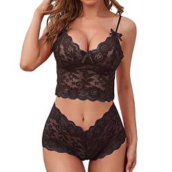 CheChury Dessous-Set Damen Sexy Reizwäsche Damen Negligee Babydoll Nachtwäsche V-Ausschnitt Nachthemd Spitze Lingerie Halfter Nachtkleid G-String Sleepwear Unterwäsche Set Frauen 2 PCS,Schwarz,S von CheChury