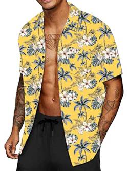 CheChury Herren Hawaiihemd Freizeit Blumenmuster Hemd Kurzarm Urlaub Bedrucktes Herren Blumenhemd Hawaii Hemd Fronttasche Kurzarmhemd Hawaii-Print Kurzarm Sommer Strand Freizeithemden Beach,Gelb,XL von CheChury