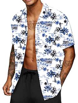 CheChury Herren Hawaiihemd Freizeit Blumenmuster Hemd Kurzarm Urlaub Bedrucktes Herren Blumenhemd Hawaii Hemd Fronttasche Kurzarmhemd Hawaii-Print Kurzarm Sommer Strand Freizeithemden Beach,Weiß,M von CheChury