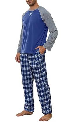 CheChury Herren Schlafanzug Lang Pyjama Rundhals Männer Langarm Oberteil und Karierte Schlafanzughose mit Tasche Sleepwear Hausanzug Superweiche Loungewear Sleepwear Pjs Set Herren Geschenke von CheChury