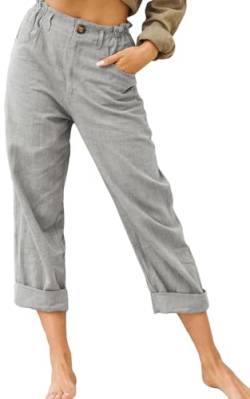 CheChury Hose Damen Sommer Casual Freizeithose Einfarbig Lose Gerade Bein Hosen Hohe Taille Leinenhose Lounge Locker Bequeme Hose Baumwolle Freizeit Hose Kordelzug Lose Lounge Pants Hausehose,Grau,XXL von CheChury