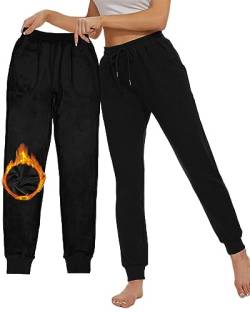 CheChury Jogginghose Damen Warme Trainingshose Baumwolle Frauen Winter Sporthose Thermo Fleece Laufhosen High Waist Sweathose Warme Freizeithose Jogging Hose mit Taschen Fleece Hosen Casual,Schwarz,XL von CheChury