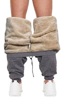 CheChury Jogginghose Herren Winter Fleece Sweathose High Waist Trainingshose Sherpa Gefüttert Warme Männer Sporthose Baumwolle Slim Fit Freizeithose mit Taschen Relaxing Hose mit Kordelzug,Grau,M von CheChury