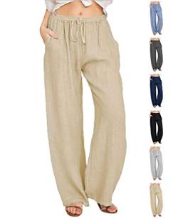 CheChury Lang Freizeithose Kordelzug Jogginghose Damen Baumwolle Trainingshose Frauen Atmungsaktiv Jogger Hosen Casual Sporthose Sweathose High Waist Freizeithose Flachs Hosen mit Taschen，Beige,XL von CheChury