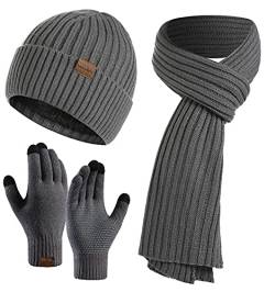 CheChury Mütze Schal Handschuh Sets für Herren Damen Mütze Touchscreen Handschuhe Beanie Warme Mütze Strickmütze Weich Winterschal Herren Mütze 3 in 1 Winter Langer Schal Geschenk Unisex,Dunkelgrau von CheChury