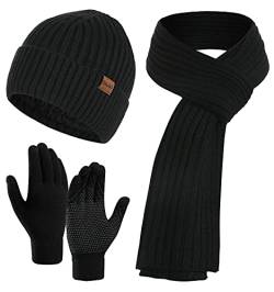 CheChury Mütze Schal Handschuh Sets für Herren Damen Mütze Touchscreen Handschuhe Beanie Warme Mütze Strickmütze Weich Winterschal Herren Mütze 3 in 1 Winter Langer Schal Geschenk Unisex,Schwarz von CheChury