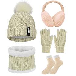 CheChury Mütze Schal Handschuhe Plüsch Ohrenwärmer Socken Set Hut Mit Pompon Warm Touch Handschuhe Thermo Socken Frau Gestrickte Fleecefutter Geschenk Weich 5 Stück Winter für Outdoor Sport,Beige von CheChury