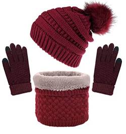 CheChury Mütze Schal Set Damen Wintermütze Warm Strickmütze Schal Touchscreen Handschuh Damen Winter Kombi Set Beanie mit Pompon Grobstrick Schal Damen Geschenk Winterzubehör Outdoor Sport,Weinrot von CheChury