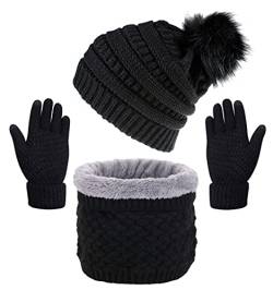 CheChury Mütze Schal Set Damen Wintermütze Warm Strickmütze Schal Touchscreen Handschuh Damen Winter Kombi Set Beanie mit Pompon Grobstrick Schal Damen Geschenk Winterzubehör Outdoor Sport,Schwarz von CheChury