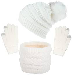 CheChury Mütze Schal Set Damen Wintermütze Warm Strickmütze Schal Touchscreen Handschuh Damen Winter Kombi Set Beanie mit Pompon Grobstrick Schal Damen Geschenk Winterzubehör Outdoor Sport,Weiß von CheChury