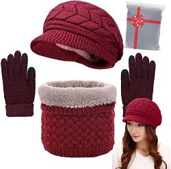 CheChury Mütze Schal Set Damen Wintermütze Warm Strickmütze Schal Touchscreen Handschuh Damen Winter Kombi Set Beanie mit Pompon Grobstrick Schal Damen Geschenk Winterzubehör Warm Outdoor Sport von CheChury