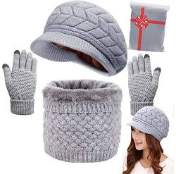 CheChury Mütze Schal Set Damen Wintermütze Warm Strickmütze Schal Touchscreen Handschuh Damen Winter Kombi Set Beanie mit Pompon Grobstrick Schal Damen Geschenk Winterzubehör Warm Outdoor Sport von CheChury