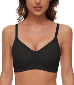 CheChury Nahtloser BH Damen Ohne Bügel BH Bequem BH Push Up Soft BH V Ausschnitt Weicher Bustier Komfortable BH Gepolstert Bralette T-Shirts BHS Seamless Bra Minimizer BH Schlaf BH Glatter,Schwarz,M von CheChury