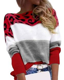 CheChury Pullover Damen Leopard Strickpullover Langarm Rundhals Sweater Patchwork Sweatshirt Herbst Elegant Pulli Warme Lose Blusen Oberteile Winter Longshirt Damen Sweatshirt Leopardenmuster,Rot,XL von CheChury