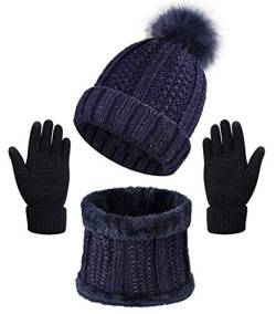 CheChury Schal Mütze und Handschuh Set Winter Kombi Set Strickmütze Beanie Handschuhe Winter-Schal Set Bommelmütze 3-teilig Winterset Beanie mit Pompon Touchscreen Handschuhe Geschenk,Navyblau,Onesize von CheChury