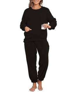 CheChury Schlafanzug Damen Fleece Lang Winter Pyjama Unisex Warm Fleece Hausanzug Kuschelig Herren Schlafanzug Flauschig Warm Winter Fleece Pyjama Set Flanell Langarm Oberteile Pyjamahose,Schwarz,XL von CheChury