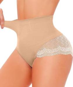 CheChury Shapewear Damen Miederhose Bauchweg Unterhose Figurformender Body Shaper Dame Slip Spitze Miederslip Hohe Taille Mieder String Shapewear Tanga Figurformende Sexy Unterwäsche,Beige,XL-XXL von CheChury