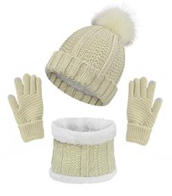 CheChury Stricken Mütze & Schal Damen Weiche Warme Fleece Gefüttert Winter Beanie Strickmütze Zickzack Wurm Winterschal Ski Hut mit Pompom-Beige-One Size von CheChury